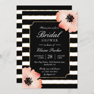 Ethereal Peach Magnolia Stripe Wedding Black White Invitation