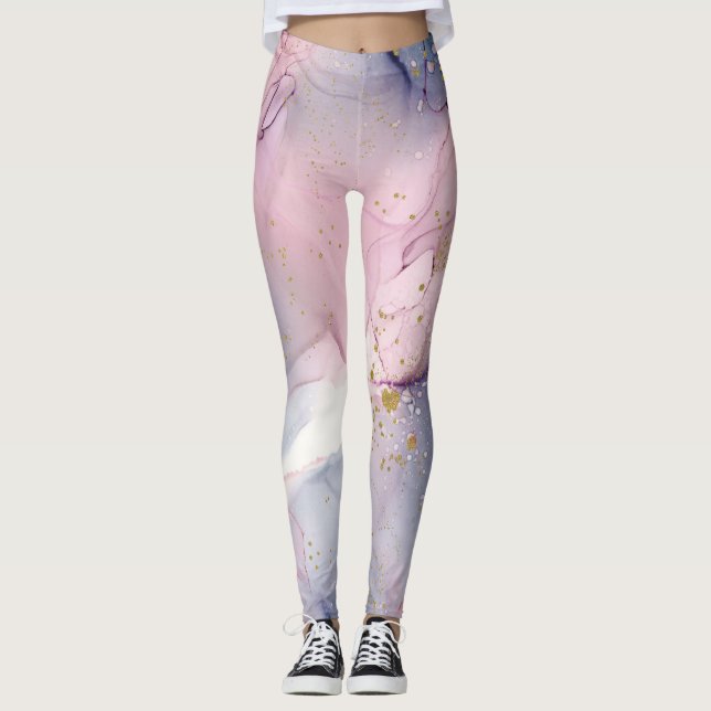 Ethereal Periwinkle Pink & Gold Inky Fantasy Glam Leggings (Front)