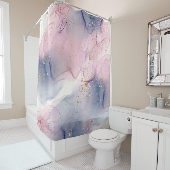 Ethereal Periwinkle Pink & Gold Inky Fantasy Glam Shower Curtain (In Situ)