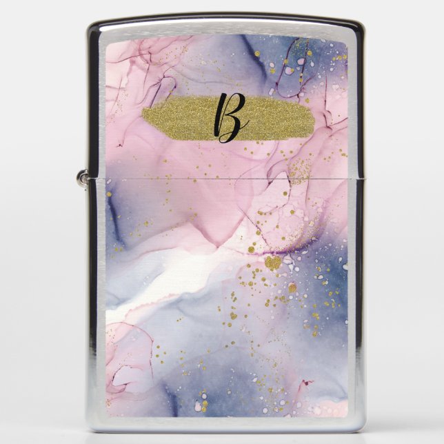 Ethereal Periwinkle Pink & Gold Inky Fantasy Glam Zippo Lighter (Front)