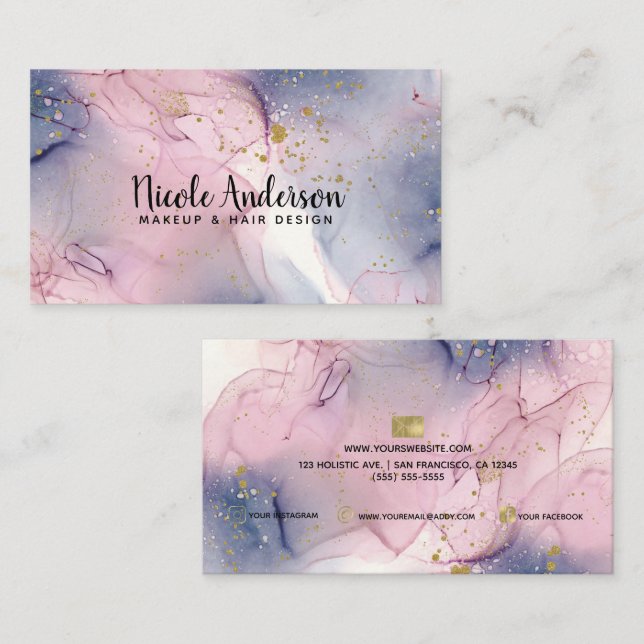 Ethereal Periwinkle Pink Gold Inky Fantasy Makeup Business Card (Front/Back)