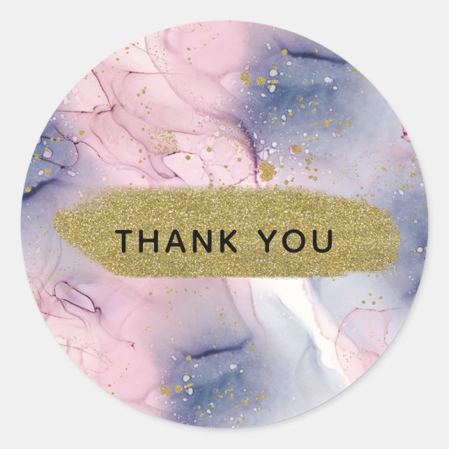 Ethereal Periwinkle Pink & Gold Inky Fantasy Party Classic Round Sticker (Front)