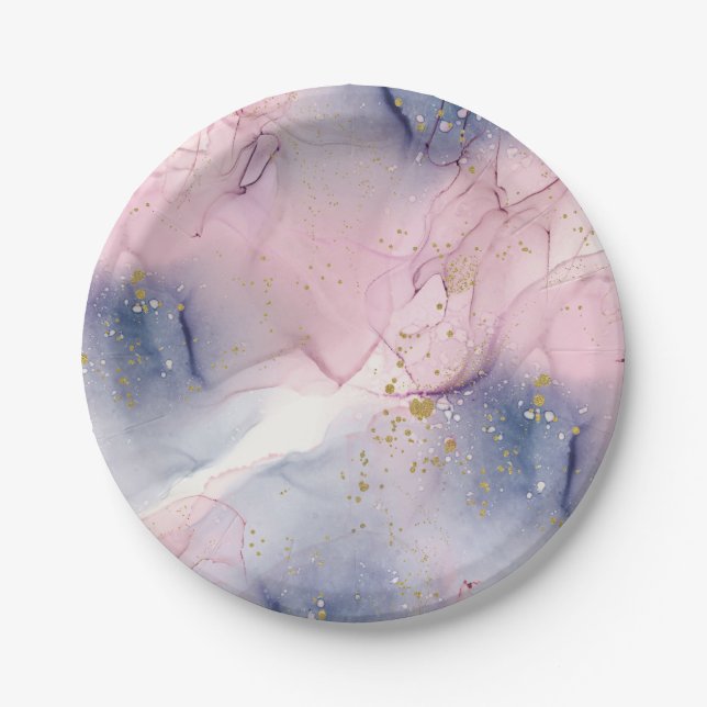 Ethereal Periwinkle Pink & Gold Inky Fantasy Party Paper Plates (Front)