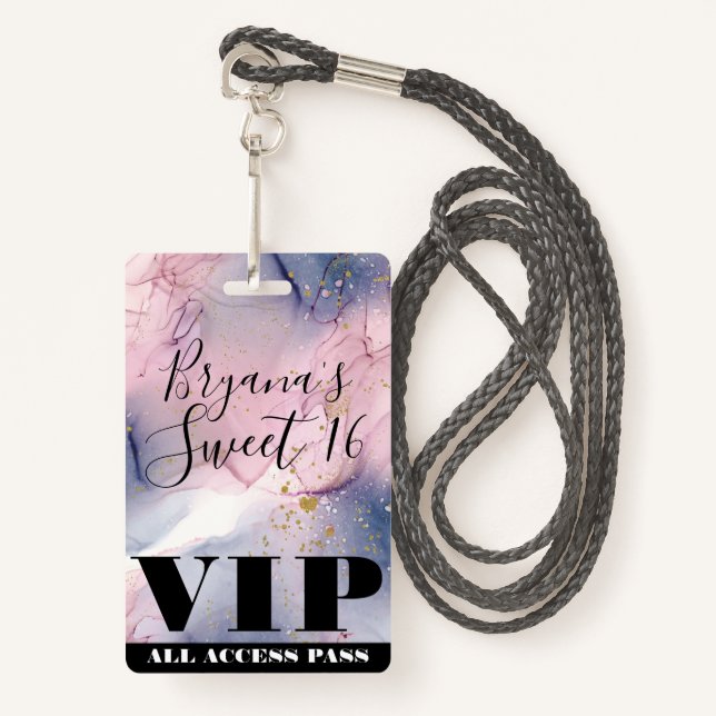 Ethereal Periwinkle Pink Gold Inky Fantasy VIP  Badge (Front with Lanyard)