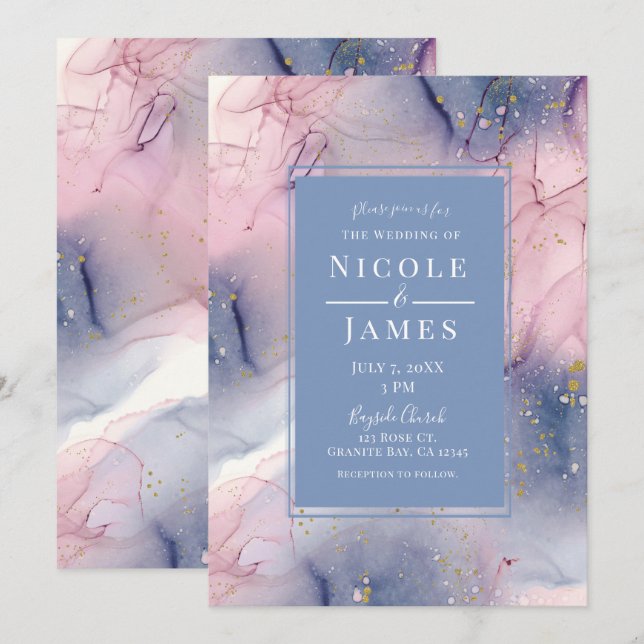 Ethereal Periwinkle Pink Gold Inky Fantasy Wedding Invitation (Front/Back)