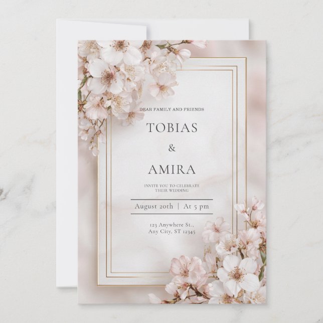 Ethereal Pink Cherry Blossom Gold Frame Wedding Invitation (Front)