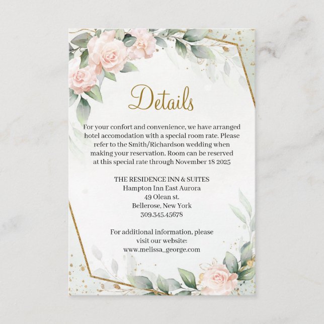 Ethereal Pink Floral Roses Greenery Gold Details Enclosure Card (Front)