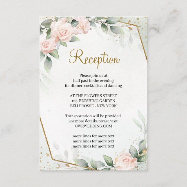 Ethereal Pink Floral Roses Greenery Gold Reception Enclosure Card (Front)
