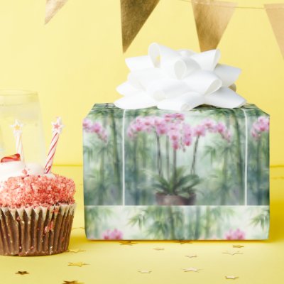 Ethereal Pink Orchids and Bamboo Wrapping Paper