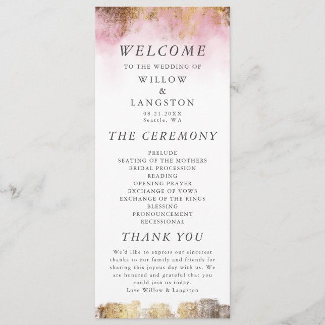 Ethereal Pink Watercolor and Gold Wedding Ceremony Program (Front)