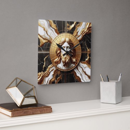 Ethereal Presence Face of Jesus Carved in Marble Square Wall Clock