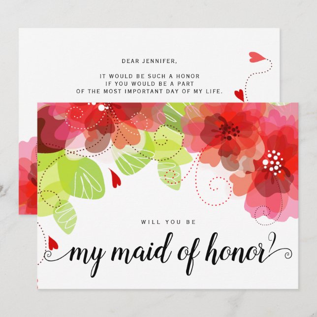 Ethereal red flowers will you be my maid of honor invitation (Front/Back)