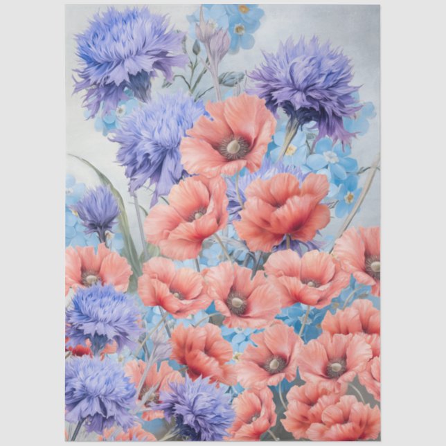 Ethereal Red Poppies & Purple Flowers Decoupage Tissue Paper (Front)