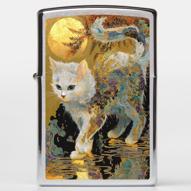 Ethereal Rinpa Kitten | Japanese Golden Mist Zippo Lighter (Front)