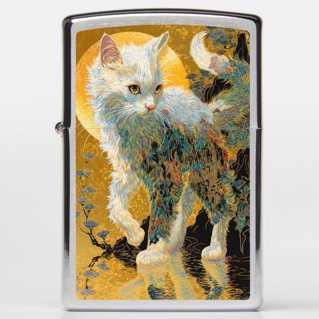 Ethereal Rinpa Kitten | Japanese Golden Mist Zippo Lighter (Front)