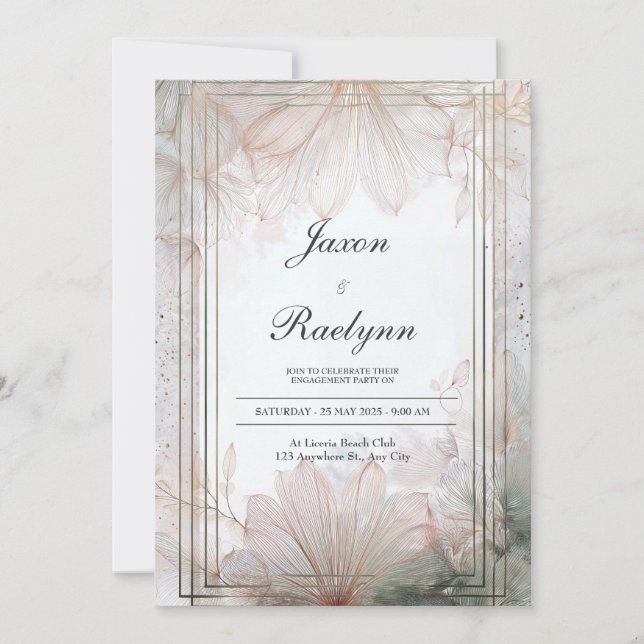 Ethereal Rose Gold Line Art Flower Wedding Invitation (Front)