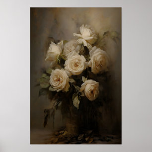 Ethereal Roses Antique Flowers Still Life, Moody Poster