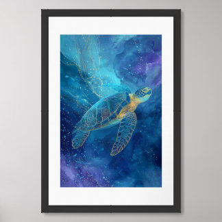 Ethereal Sea Turtle in Cosmic Ocean Painting Framed Art