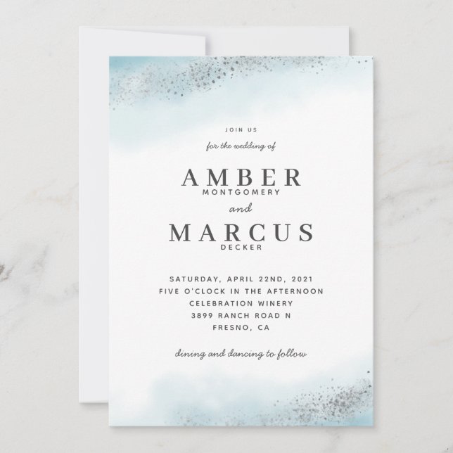 Ethereal Silver Glitter Blue Wedding Invitation (Front)