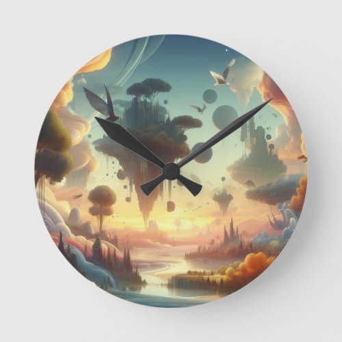 Ethereal Skies A Surreal Landscape Round Clock