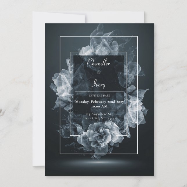Ethereal Smoky White Floral Abstract Black Wedding Invitation (Front)