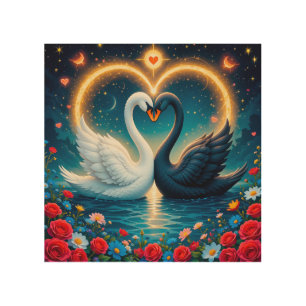Ethereal Swans Forming a Heart Wood Wall Art