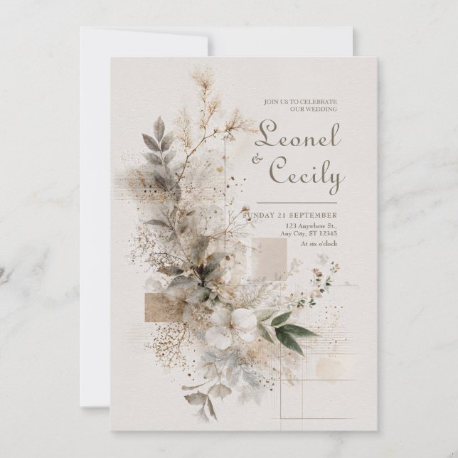 Ethereal Taupe White Minimalist Botanical Wedding Invitation (Front)