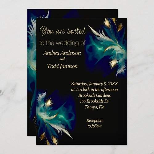 Ethereal teal blue black gold feather wedding invitation