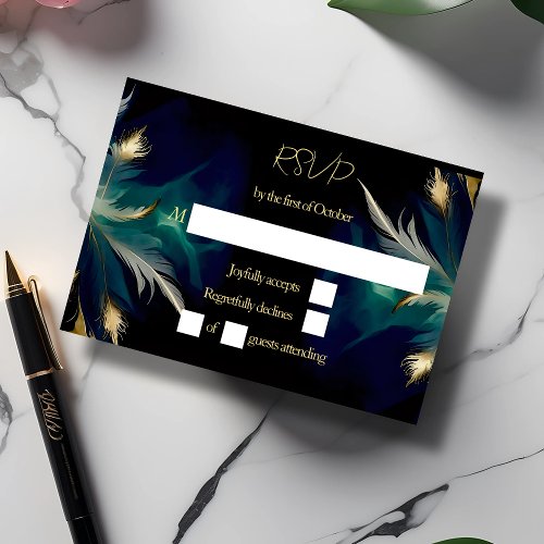 Ethereal teal blue black gold feather wedding  RSVP card