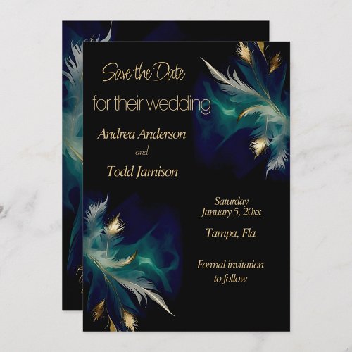 Ethereal teal blue black gold feather wedding save the date