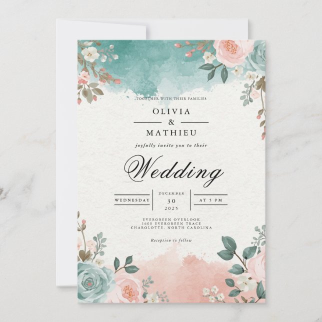 Ethereal Teal Blush Floral Arch Wedding Invitation (Front)