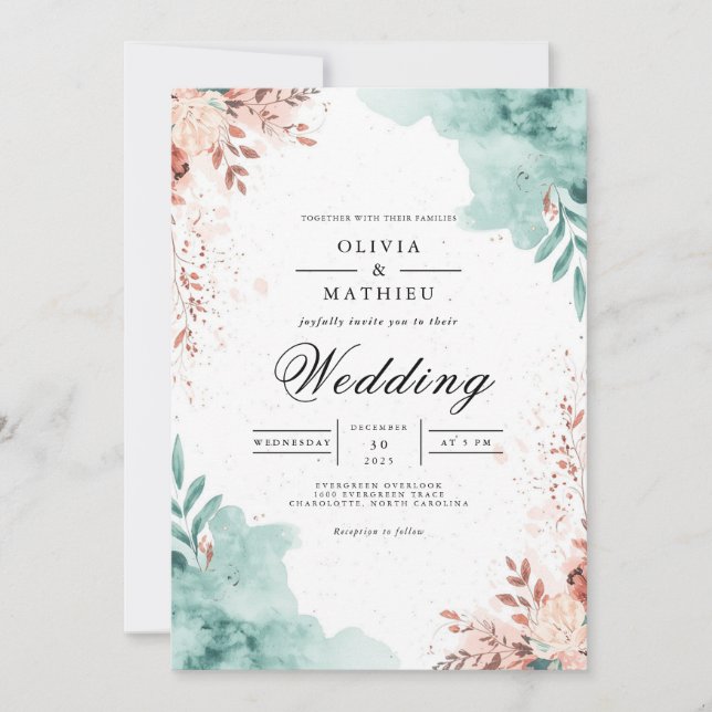 Ethereal Teal & Blush Flourish Wedding Invitation (Front)