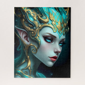 Ethereal Teal Elf Goddess with Golden Tiara Jigsaw Puzzle