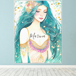 Ethereal Teal Gold Mermaid Princess Floral Fantasy Canvas Print