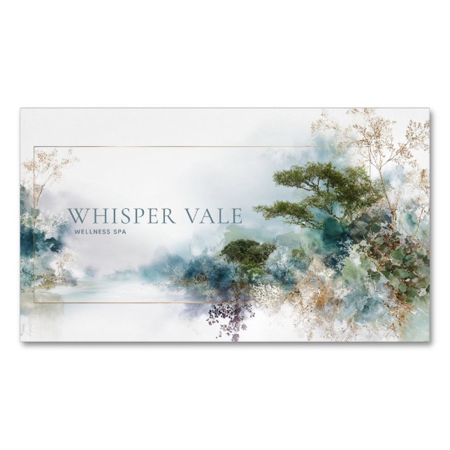 Ethereal Teal Gold Watercolor Landscape Business Card Magnet (Front)