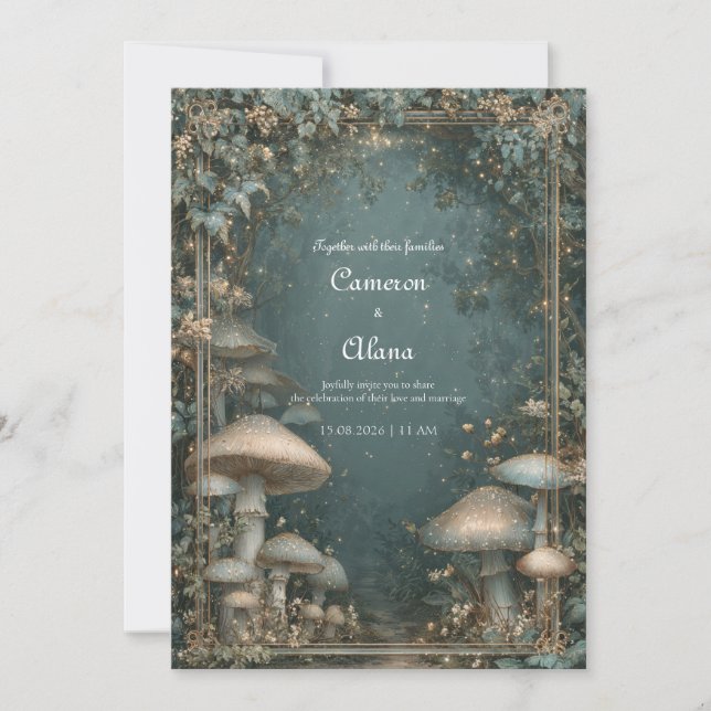 Ethereal Teal Mushroom Forest Gold Frame Wedding Invitation (Front)
