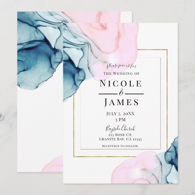 Ethereal Teal Pink Elegant Gold Modern Wedding Invitation (Front/Back)