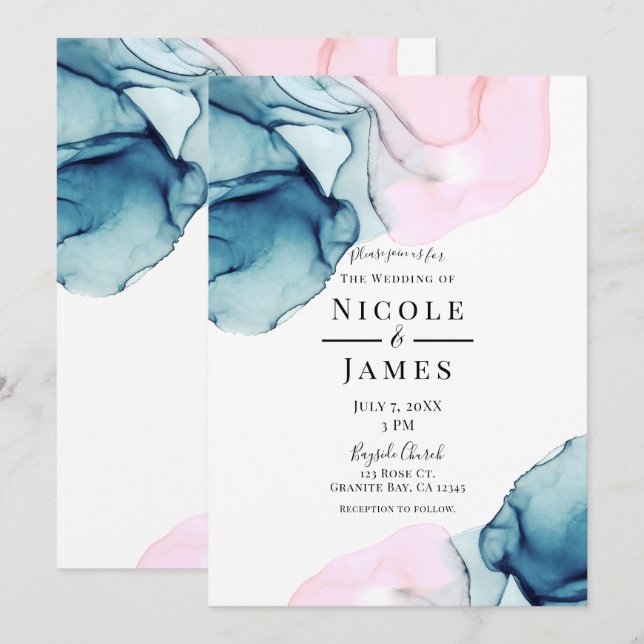 Ethereal Teal Pink Elegant Inky Modern Wedding Invitation (Front/Back)