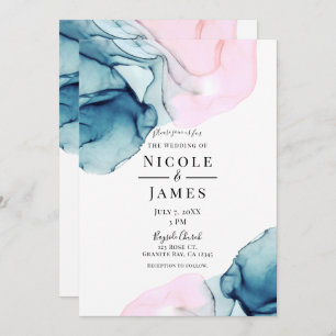 Ethereal Teal Pink Elegant Inky Modern Wedding Invitation