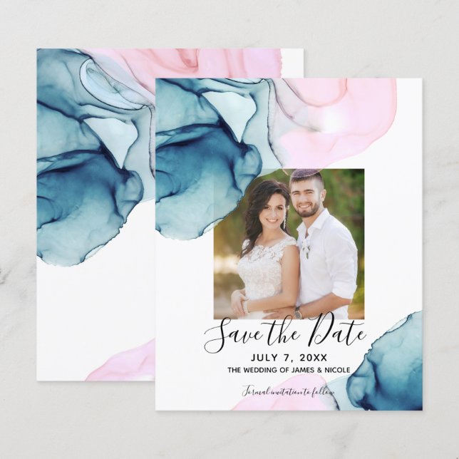 Ethereal Teal Pink Elegant Inky Save the Date (Front/Back)