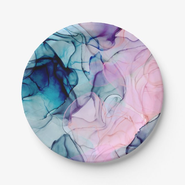 Ethereal Teal & Pink Inky Glamour Birthday Party Paper Plates (Front)