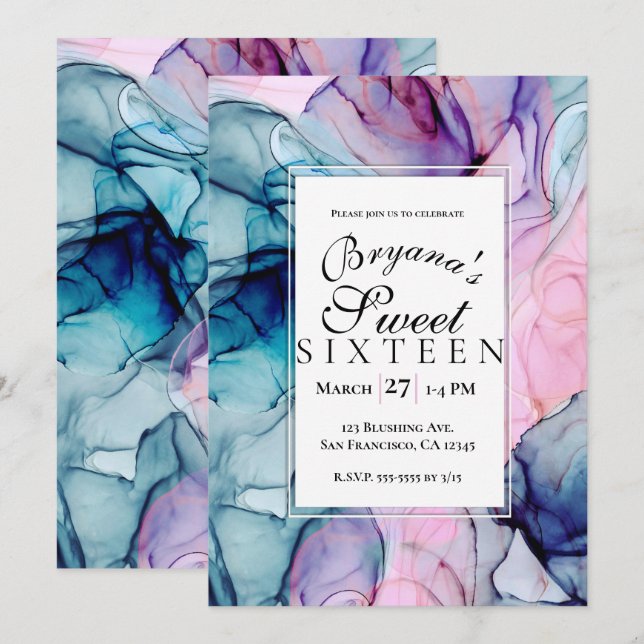 Ethereal Teal Pink Purple Ink Modern Glam Sweet 16 Invitation (Front/Back)
