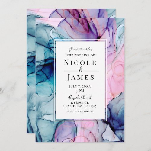 Ethereal Teal Pink Purple Inky Modern Glam Wedding Invitation