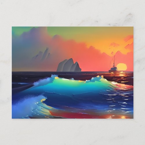 Ethereal Teal Waves Ship and Pink Sunset Postcard