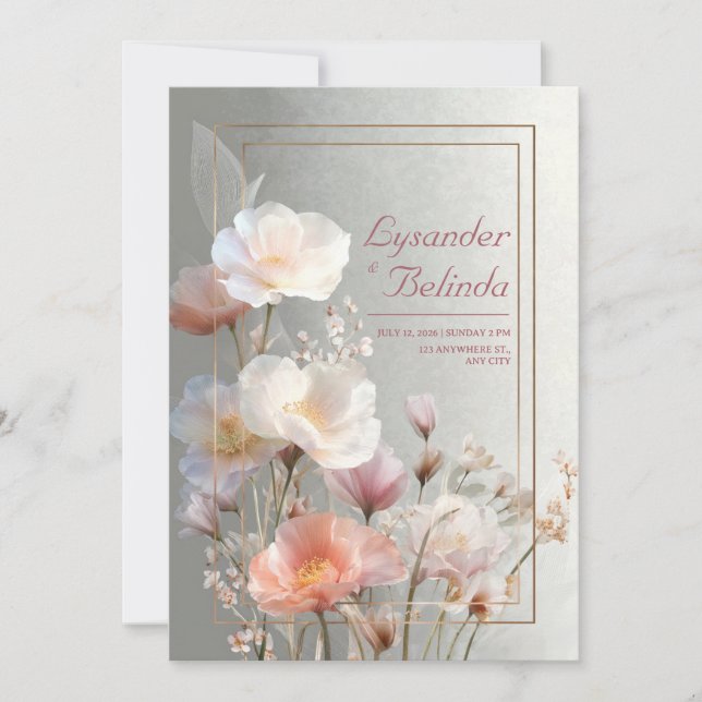 Ethereal Translucent Poppy Rose Gold Frame Wedding Invitation (Front)