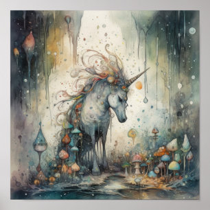 Ethereal Unicorn with Mystical Mushrooms Poster