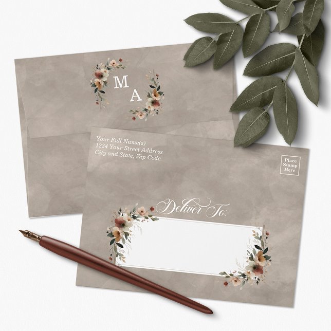 Ethereal Veil Rustic Floral Wedding Invitation Envelope (Send your invites with the timeless beauty 💌 of our Ethereal Elegance monogram floral design.)