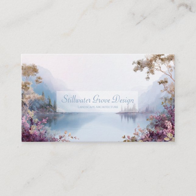 Ethereal Violet Lake Gold Frame Serene Landscape Business Card (Front)