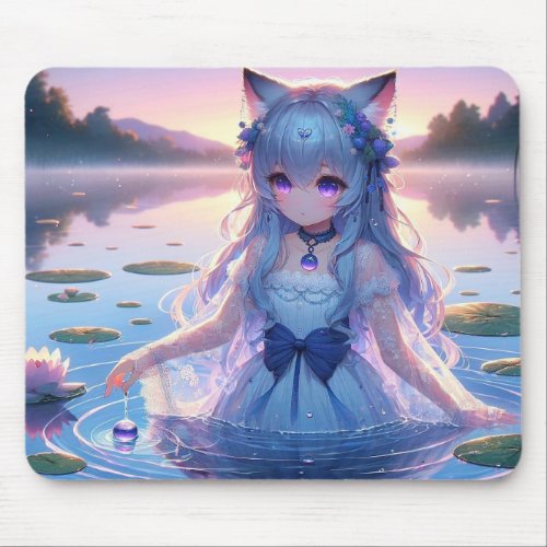 Ethereal Water Anime Catgirl Mouse Pad