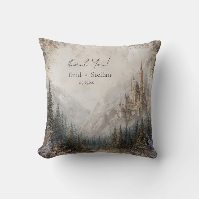 Ethereal Watercolor Castle Mountain Romantic Throw Pillow (Front)